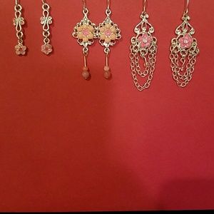 3 Pairs Retro Dangle Earrings Pink Peach Flowers